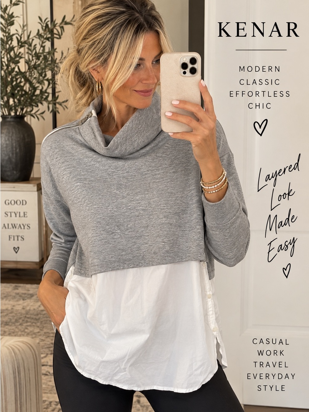 Kenar Gray White Layered Cowl Neck Zip Shoulder Top Women’s L